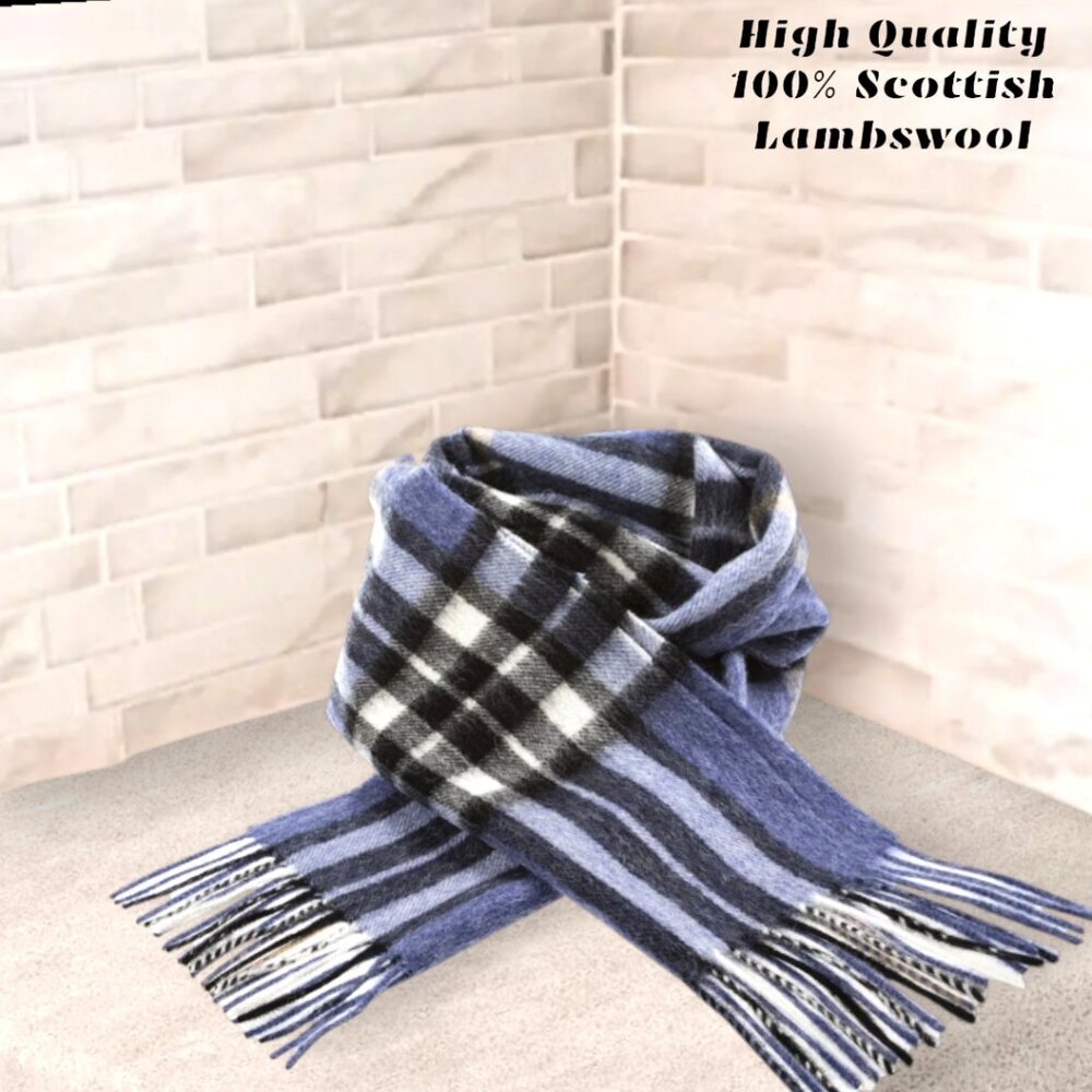 100% Scottish Premium Lambswool Blues‎ White w/Black Accent Scarf Quality NWT